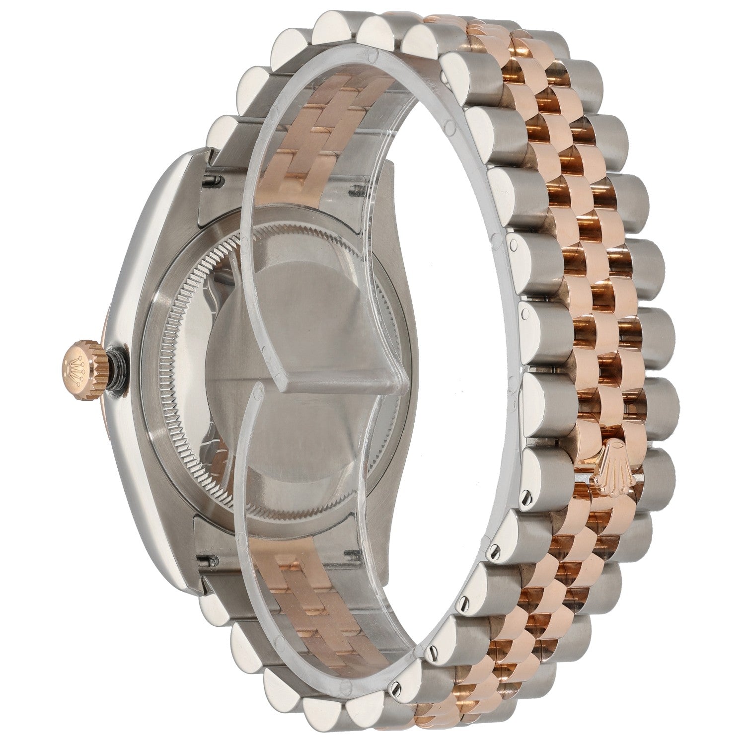 Rolex Oyster Perpetual 116231 bi-colour watch back/side view with crown and metal bracelet