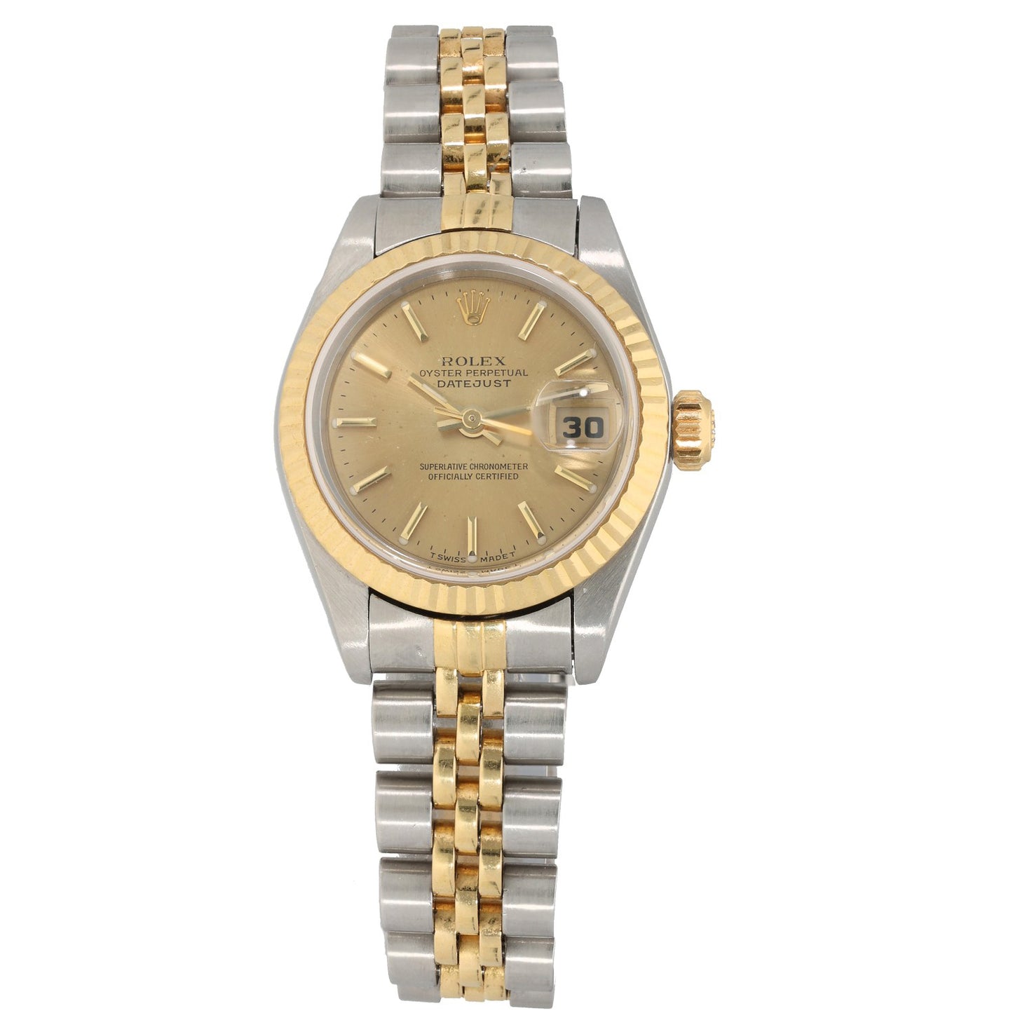 Rolex Lady Datejust 69173 bi-colour watch with gold-and-silver dial and bracelet, front angle