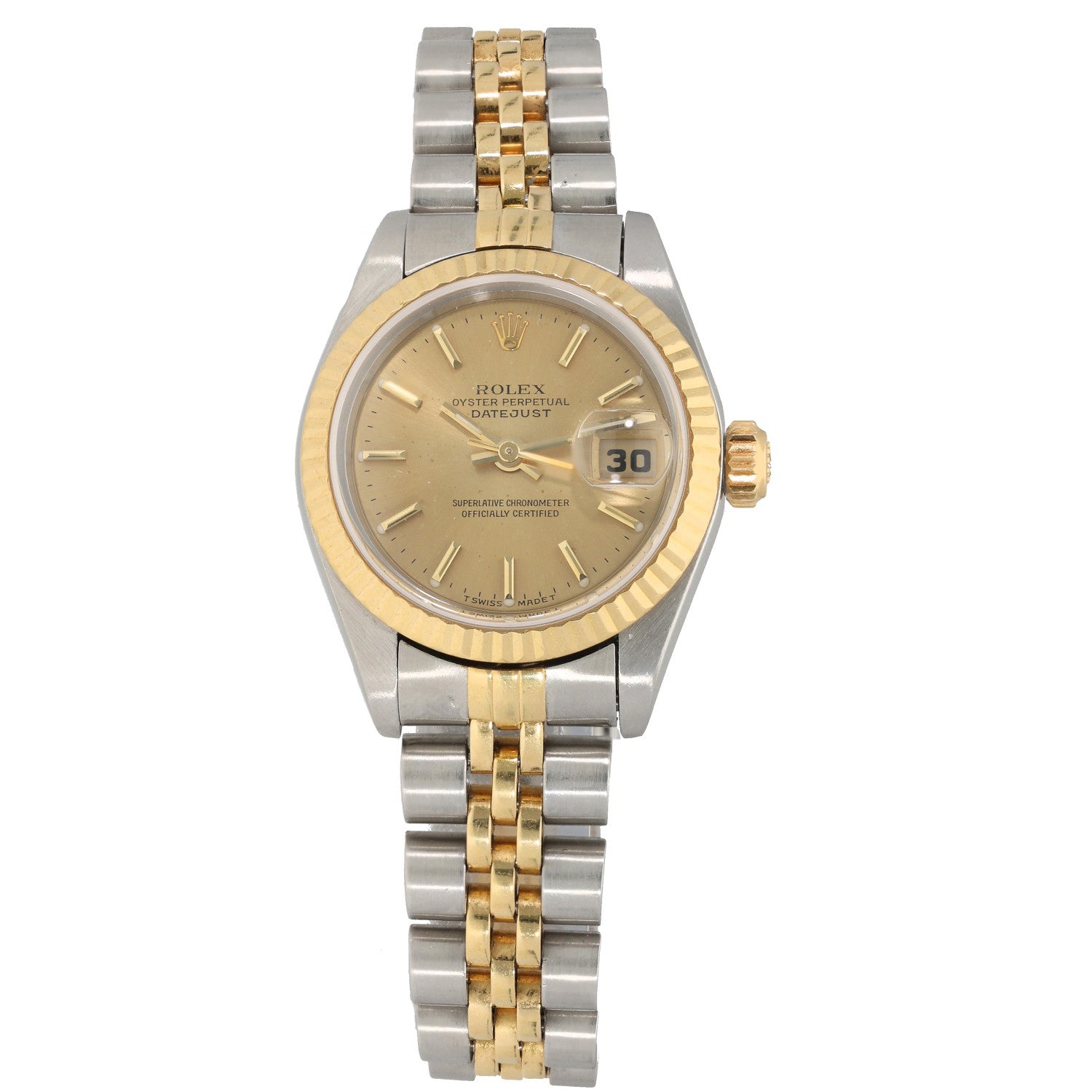 Rolex Lady Datejust 69173 bi-colour watch with gold-and-silver dial and bracelet, front angle