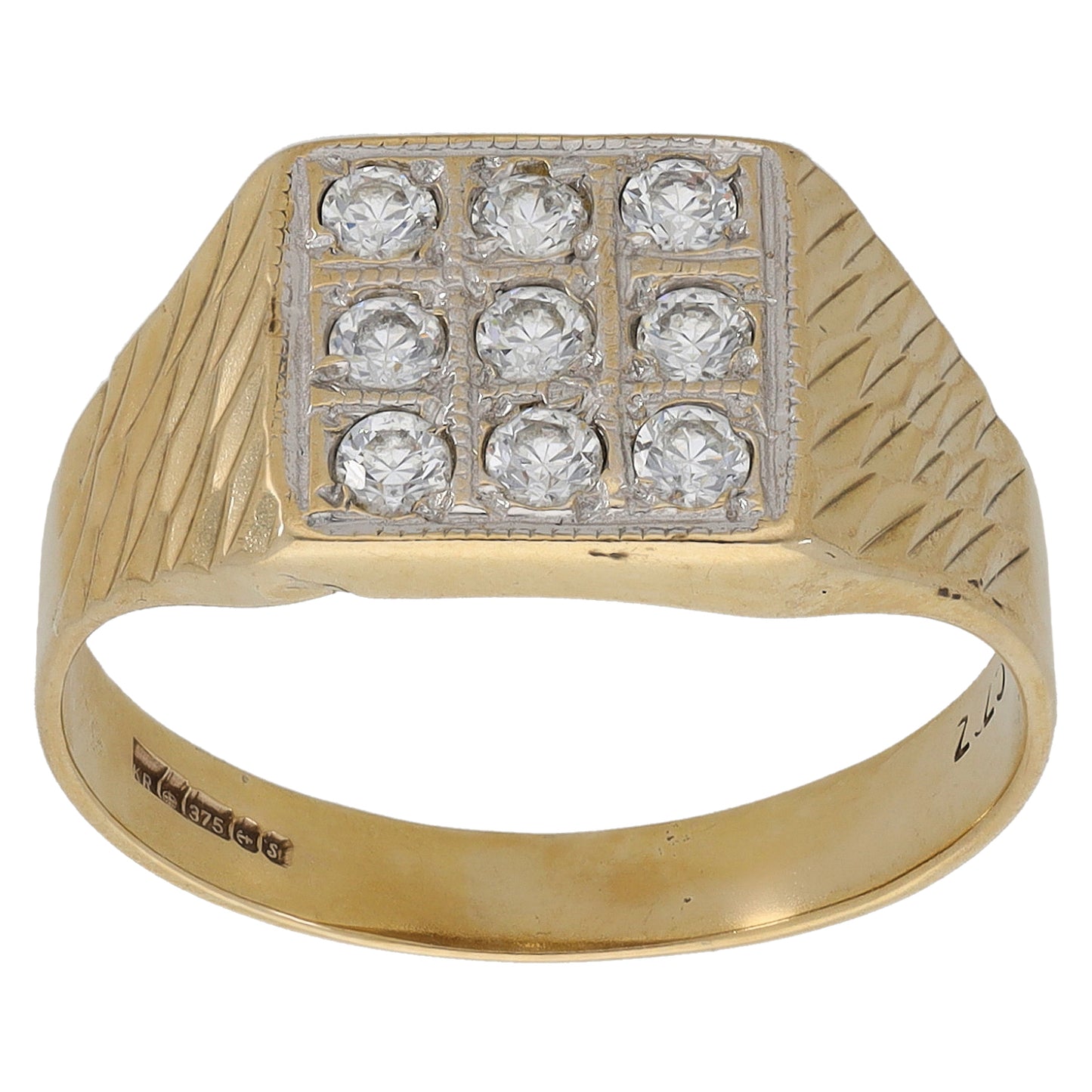 9ct Gold Cubic Zirconia Patterned Signet Ring Size R