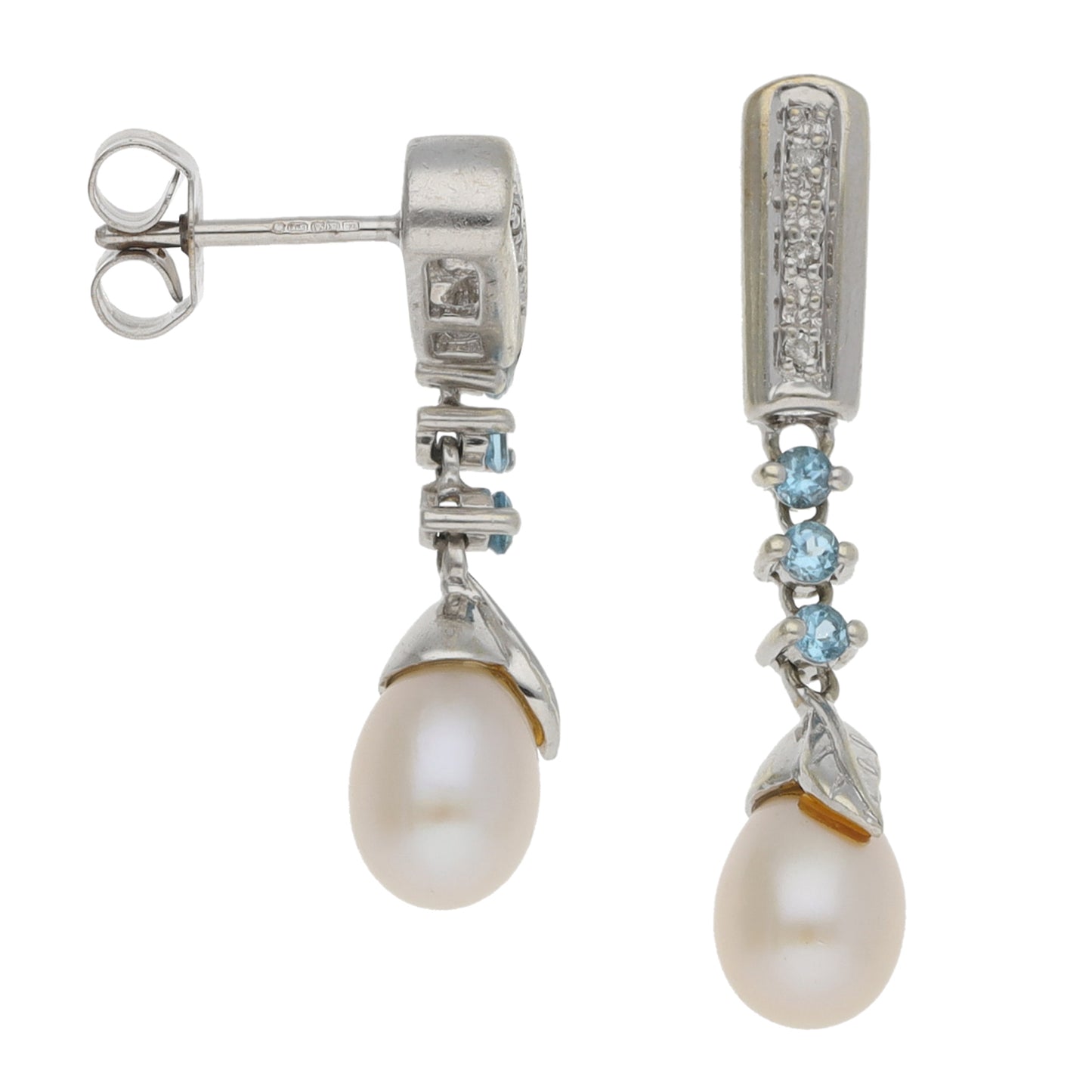 9ct White Gold Cultured Pearl & Topaz & 0.03ct Diamond Drop Earrings