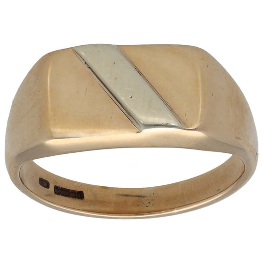 Bicolour gold signet ring with smooth diagonal white inset and engraved hallmark
