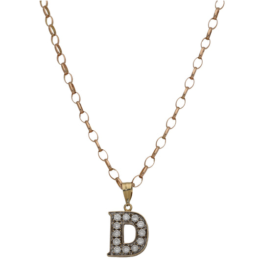 9ct Gold Cubic Zirconia Initial 'D' Pendant With Chain
