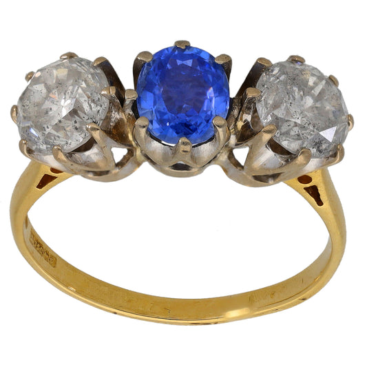 18ct Gold Sapphire & 2.00ct Diamond Trilogy Ring Size P