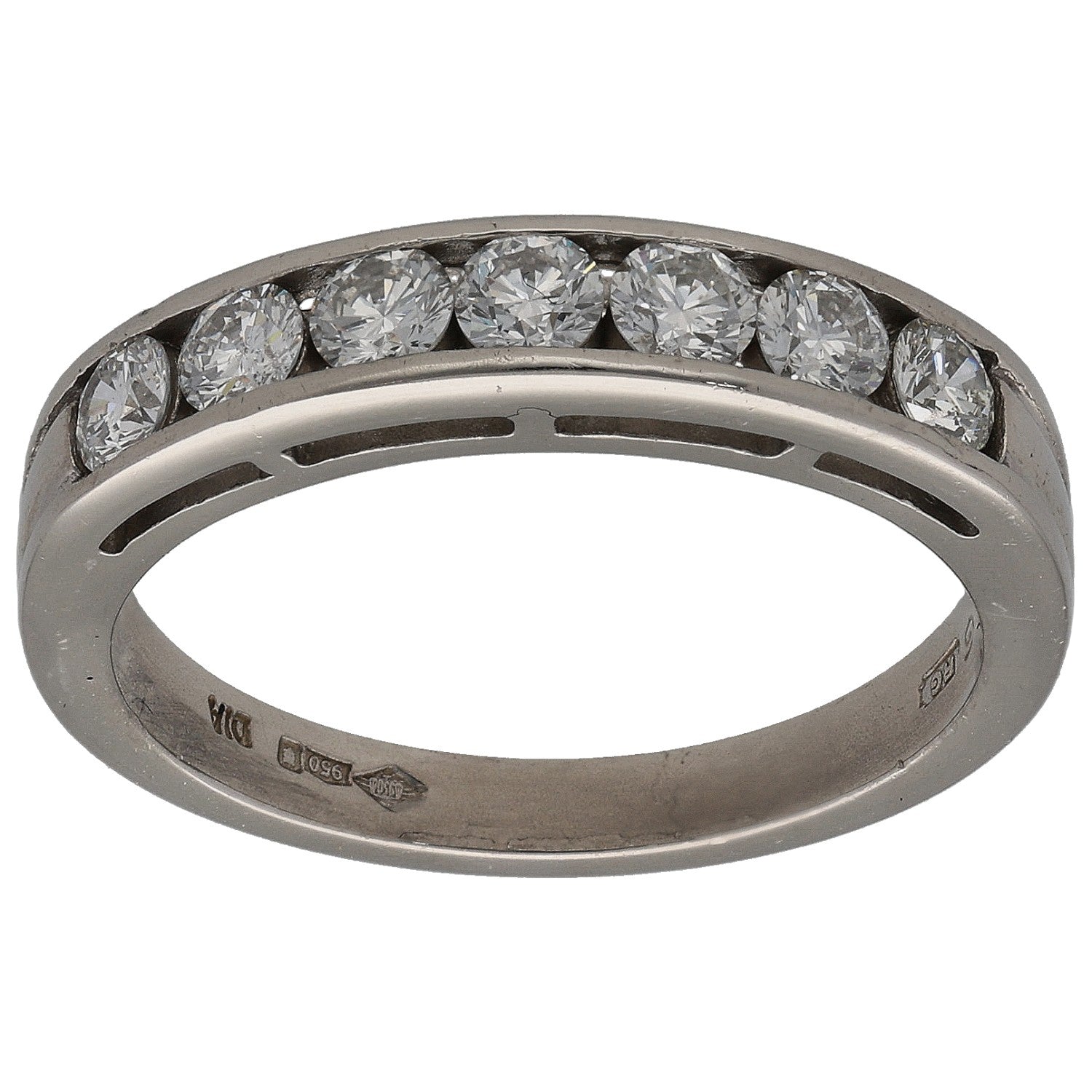 Platinum half eternity ring with round diamonds along the top edge