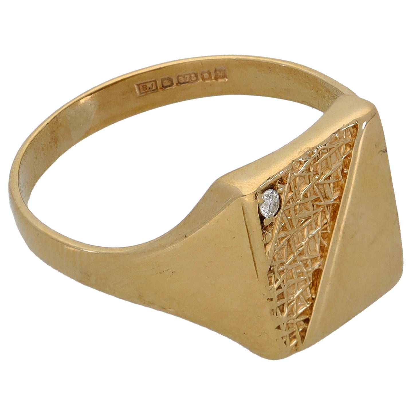 9ct Gold 0.02ct Diamond Patterned Single Stone Signet Ring Size S