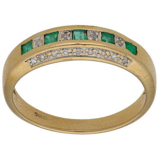 9ct Gold 0.11ct Diamond & Emerald Half Eternity Ring Size R