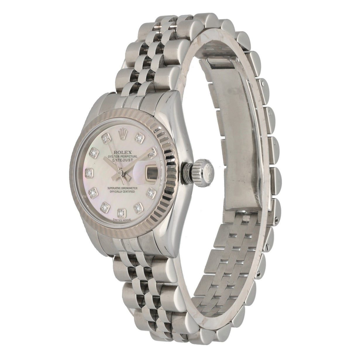 Rolex Lady Datejust 179174, Mother of Pearl dial with diamond hour markers, front angle