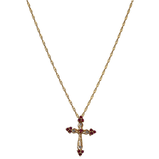 9ct Gold Ruby & 0.02ct Diamond Cross Pendant With Chain