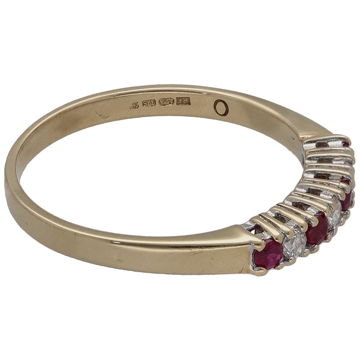 9ct yellow gold ring side view with round rubies and small round diamonds, hallmarked