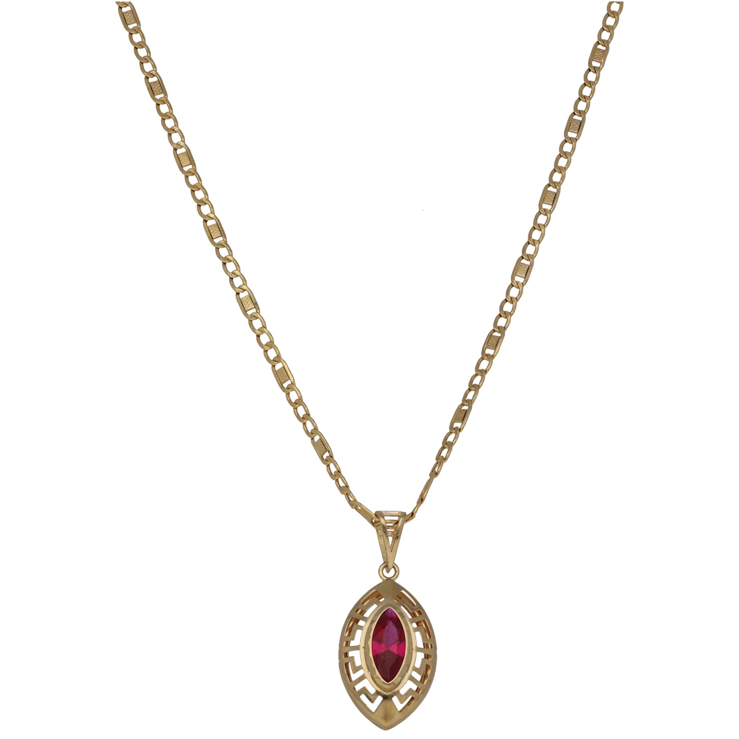 Gold-tone single-stone pendant with oval red gem and matching chain