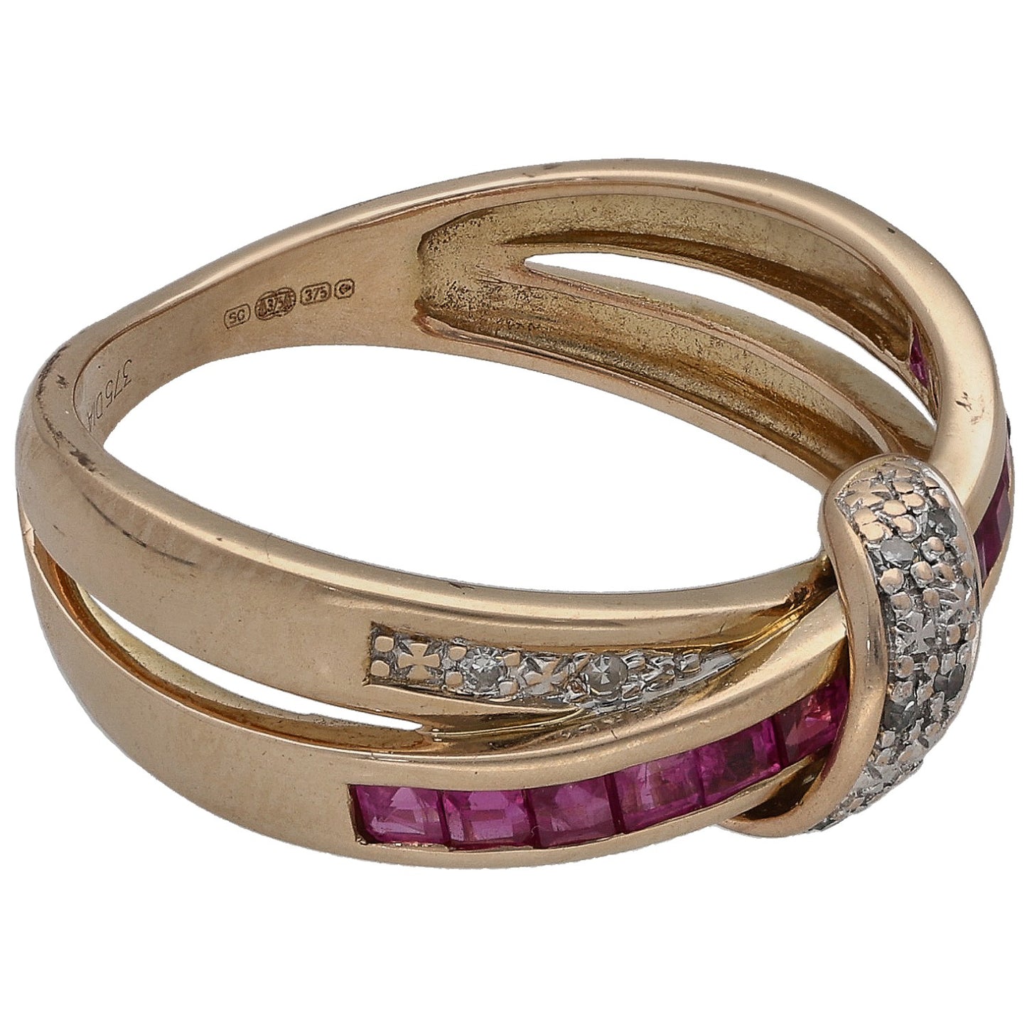 9ct gold half eternity ring with round ruby and diamond accents, size O