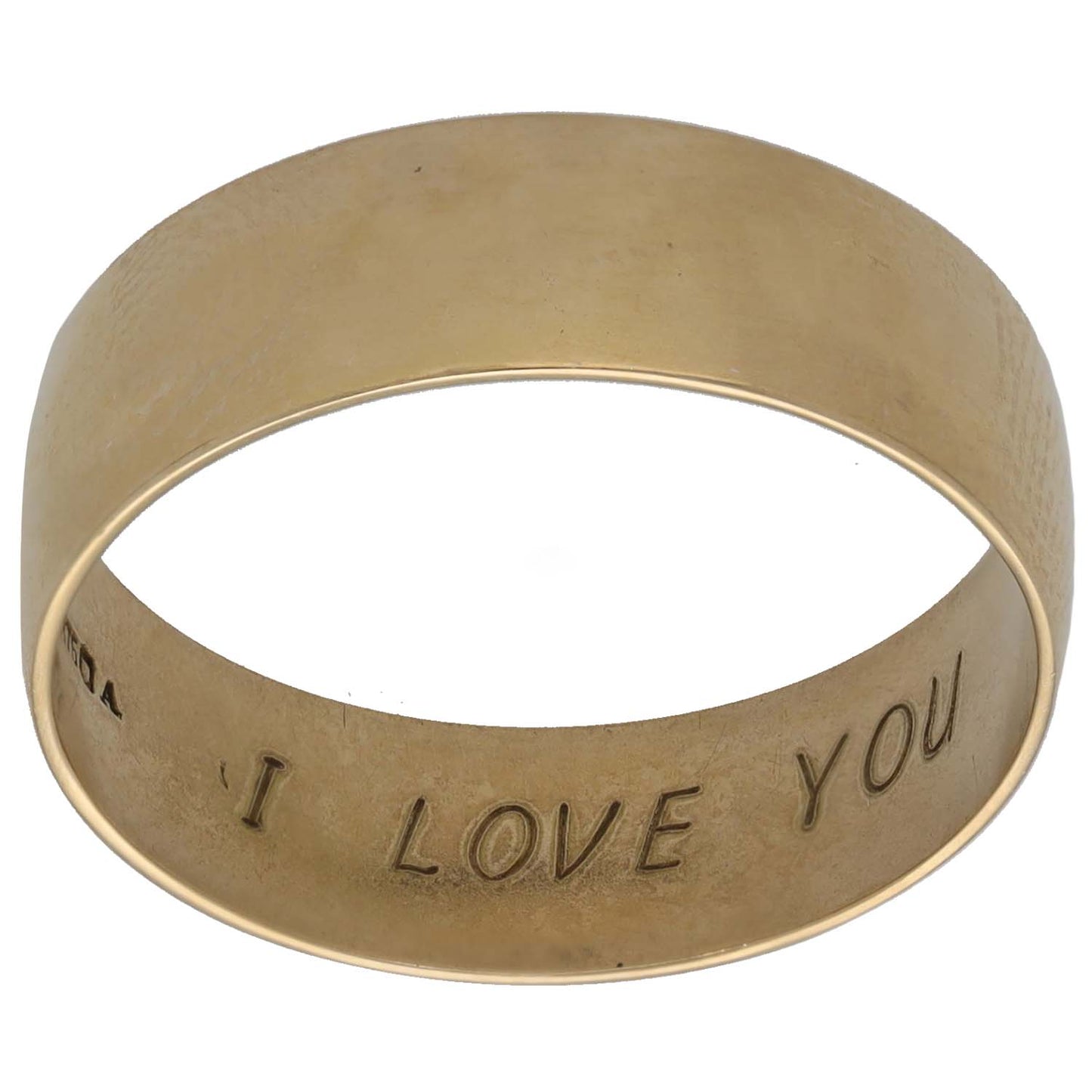 Gold wedding ring with plain band and 'I LOVE YOU' engraving inside