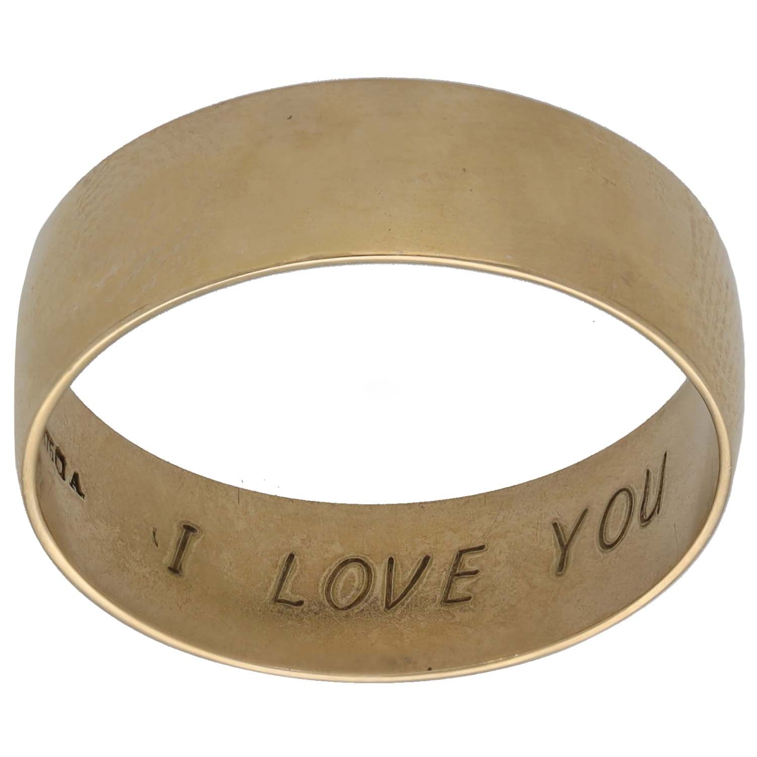 Gold wedding ring with plain band and 'I LOVE YOU' engraving inside