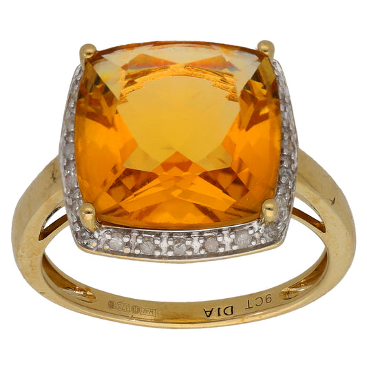 9ct Gold Citrine & 0.12ct Diamond Dress/Cocktail Ring Size M