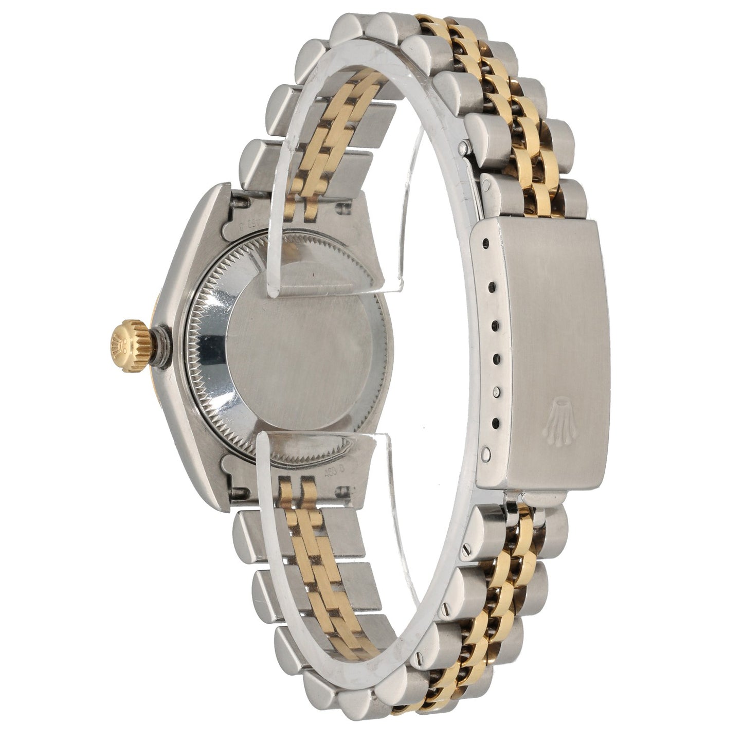 Rolex Lady Datejust 69173 bi-colour watch with gold-and-silver dial and bracelet, rear angle