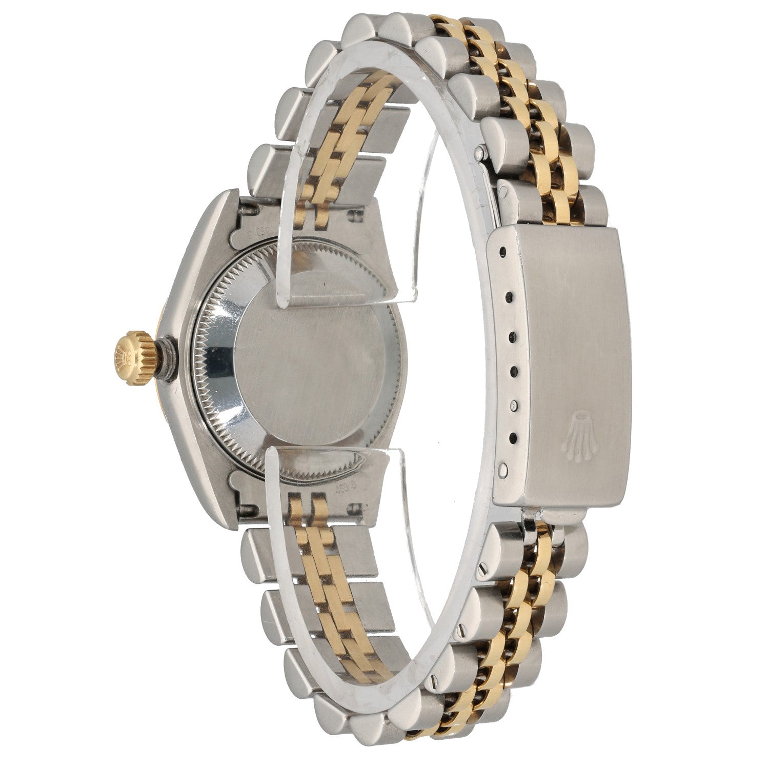 Rolex Lady Datejust 69173 bi-colour watch with gold-and-silver dial and bracelet, rear angle