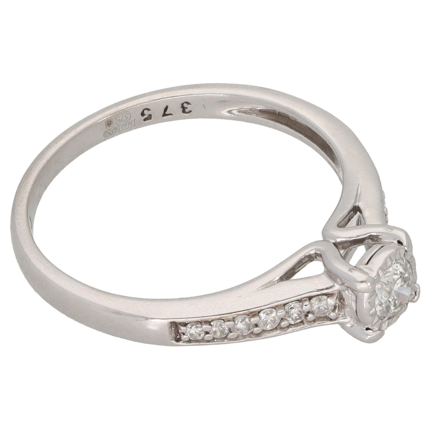 9ct White Gold 0.25ct Diamond Solitaire Ring With Accent Stones Size M