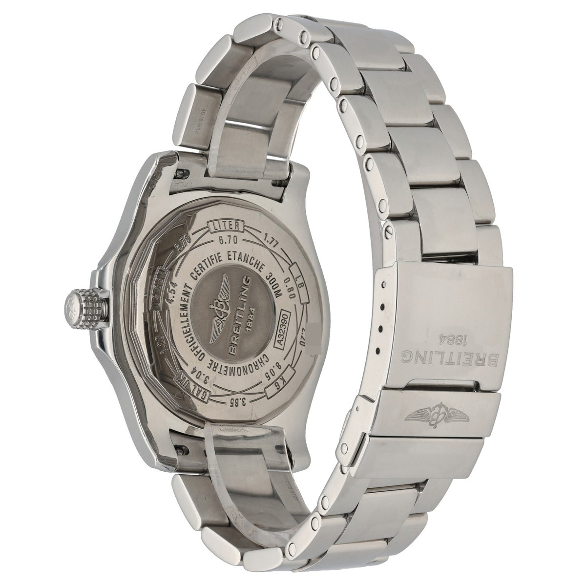 Breitling Avenger II A32390 stainless steel watch case back with engraved markings
