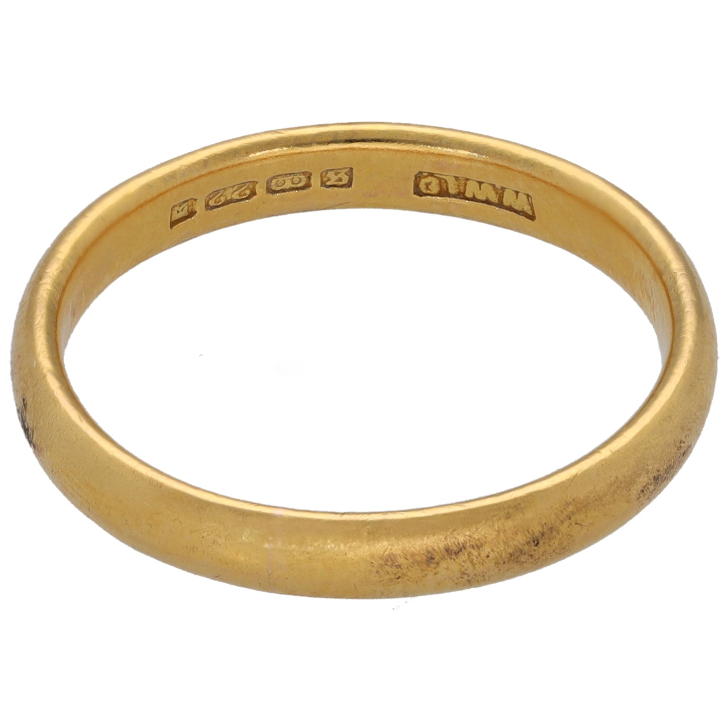 22ct Plain gold wedding ring with visible inner stamp and hallmarks on band interior