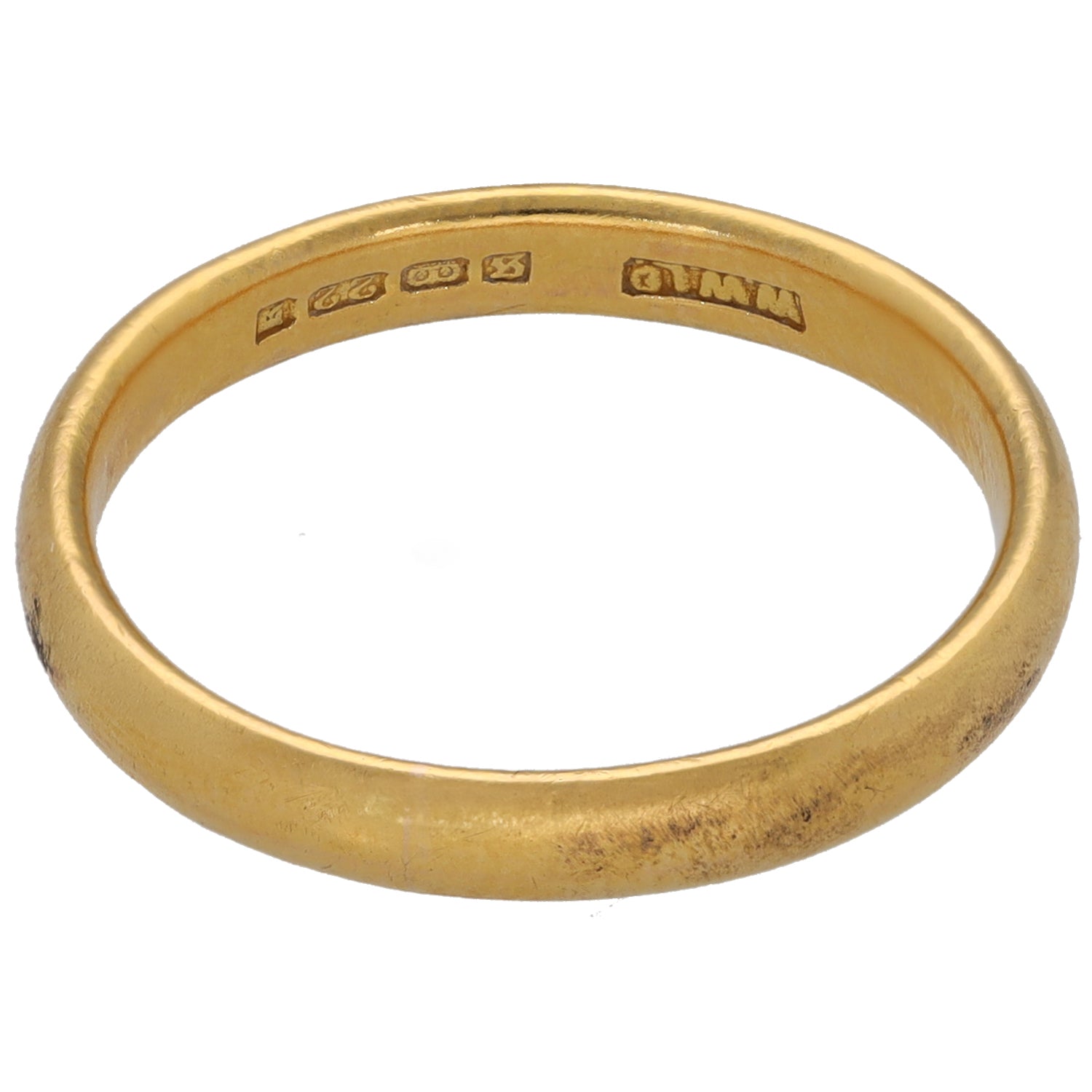 22ct Plain gold wedding ring with visible inner stamp and hallmarks on band interior