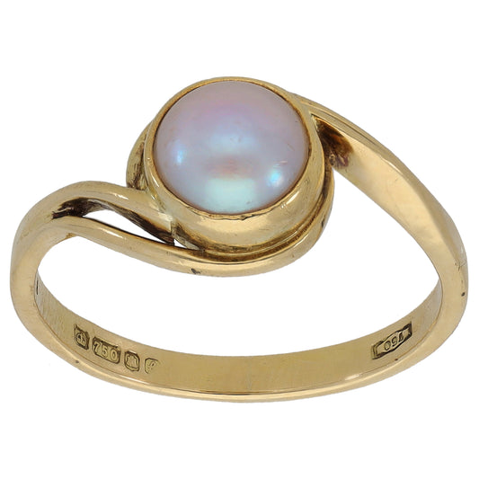 18ct Gold Cultured Pearl Single Stone Ring Size N