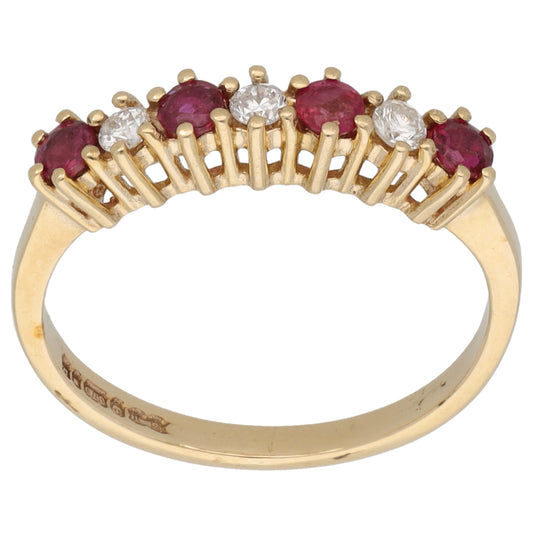 9ct Gold Glass Filled Ruby & 0.12ct Diamond Half Eternity Ring Size K