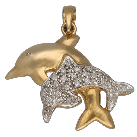New 9ct Bi-Colour Gold 0.10ct Diamond Dolphin Pendant