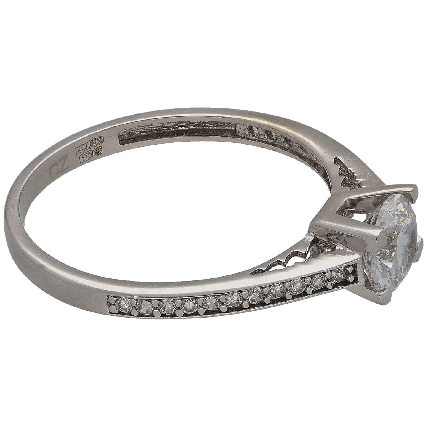 White gold tone ring with round CZ center and pave band accents, angled side view