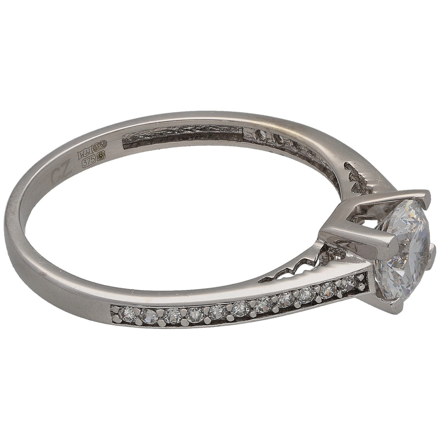 White gold tone ring with round CZ center and pave band accents, angled side view