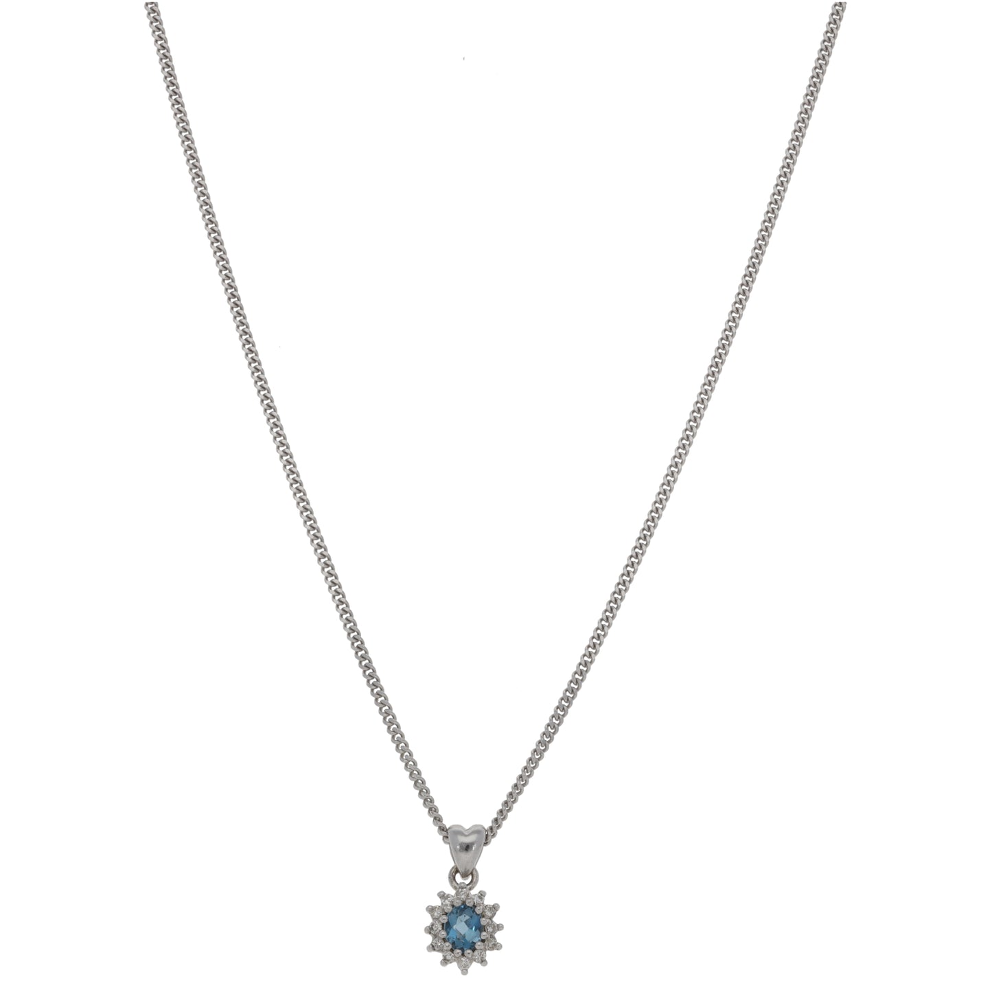 9ct White Gold Aquamarine & 0.12ct Diamond Cluster Pendant With Chain