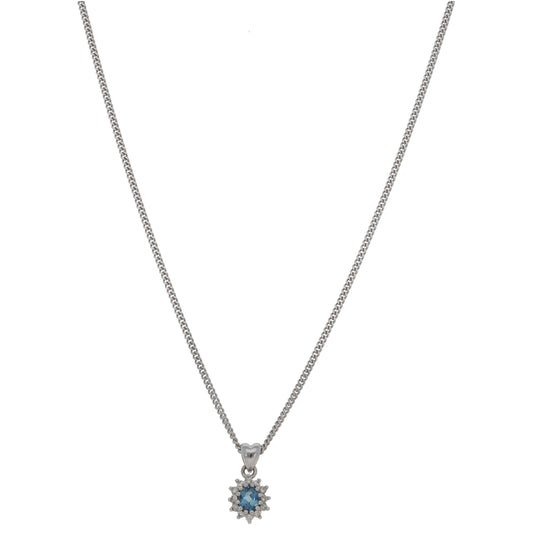 9ct White Gold Aquamarine & 0.12ct Diamond Cluster Pendant With Chain