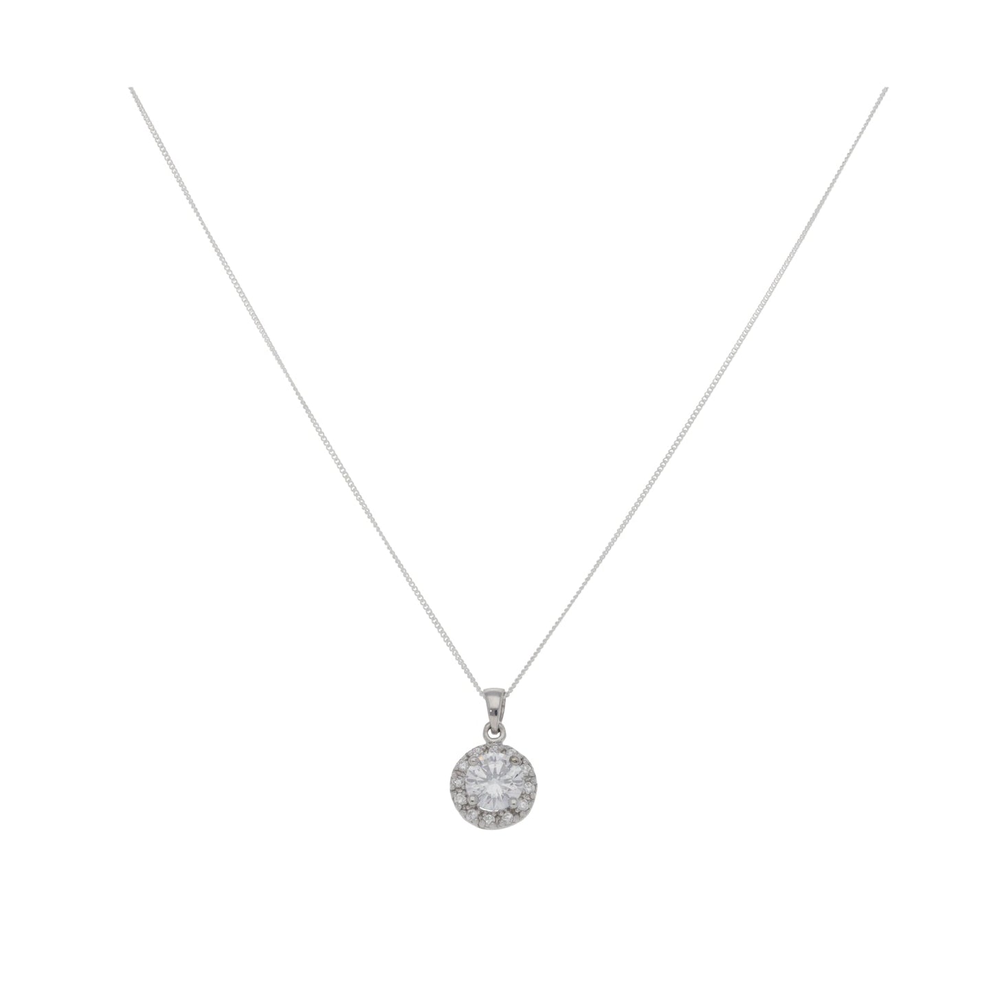 New Sterling Silver Cubic Zirconia Halo Pendant With Chain