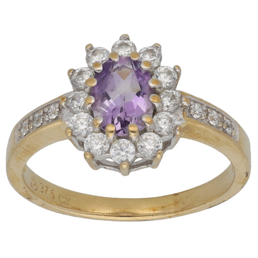 9ct Gold Amethyst & Cubic Zirconia Cluster Ring Size L