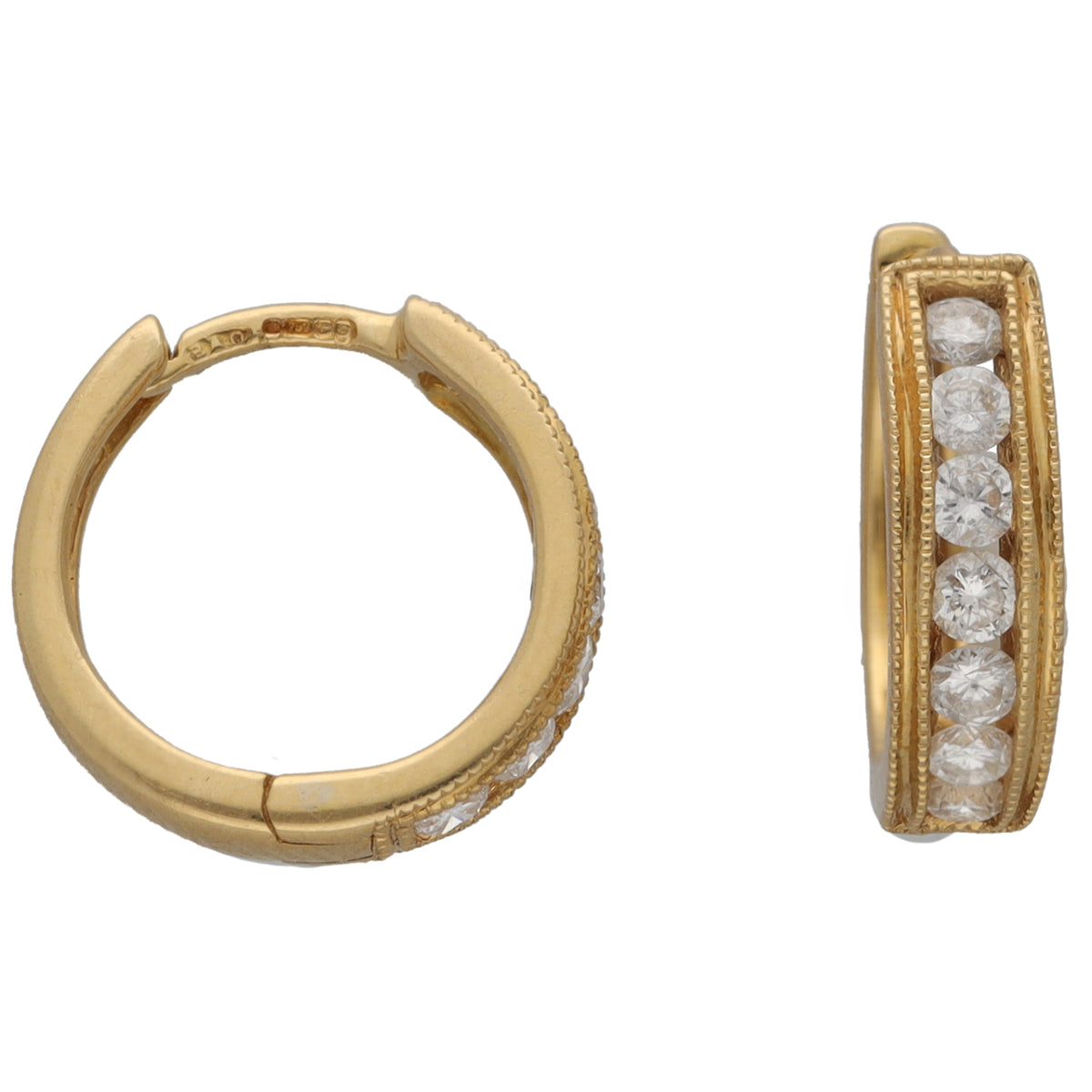 Gold hoop earrings with vertical row of round diamonds in a bezel setting
