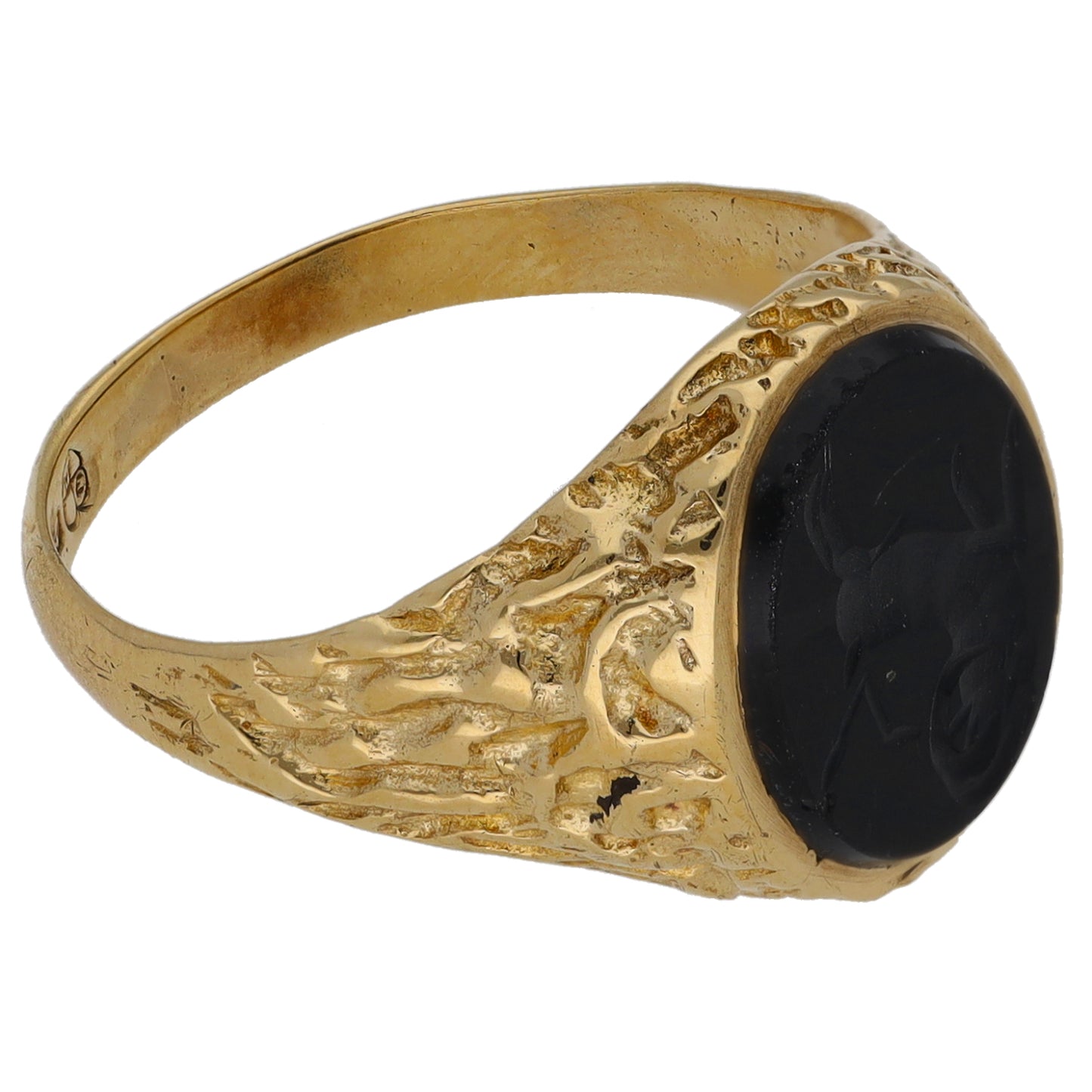 9ct Gold Onyx Patterned Single Stone Signet Ring Size M