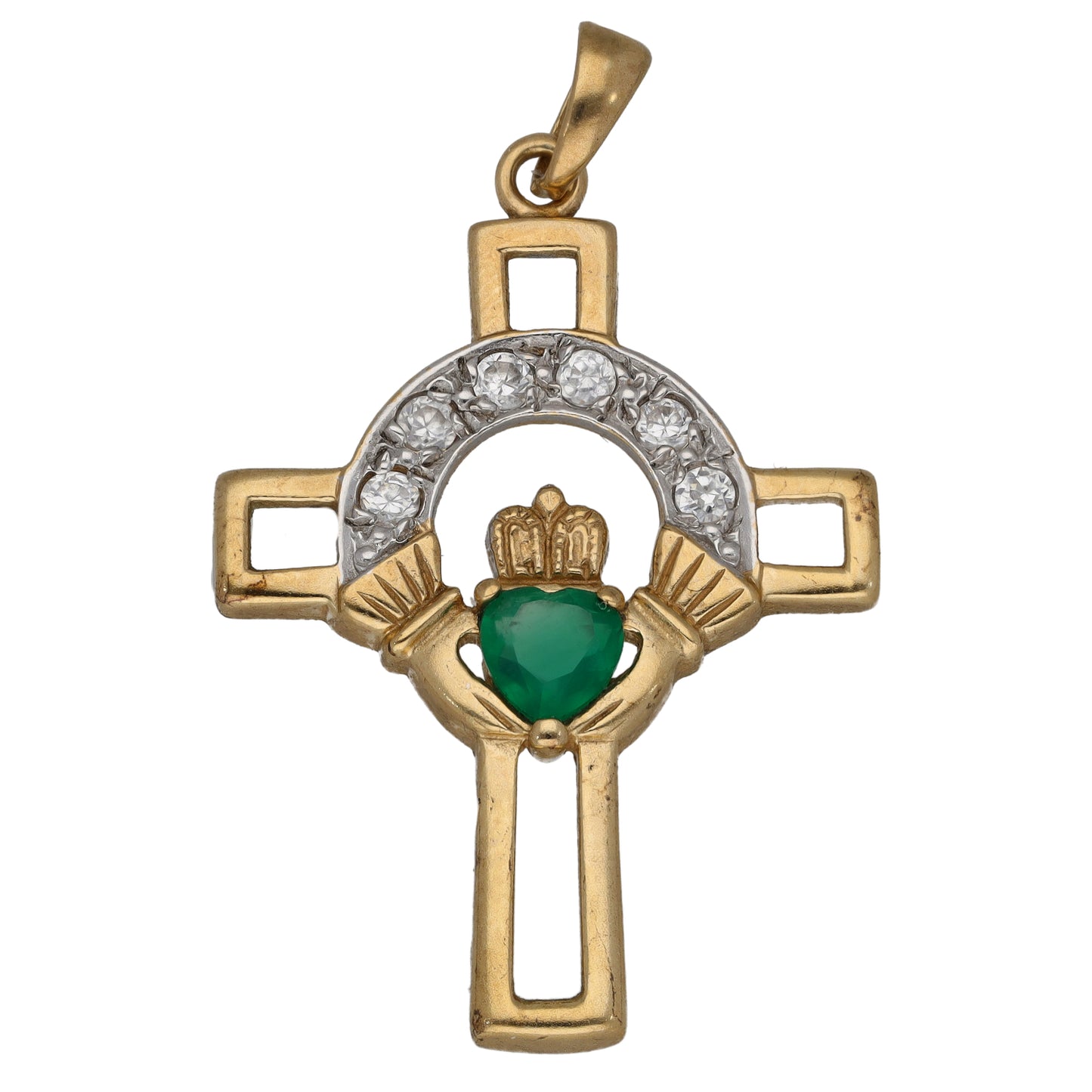 9ct Gold Man Made Emerald & Cubic Zirconia Cross Pendant