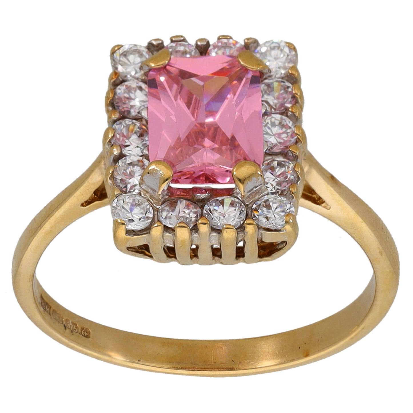 9ct gold CZ cocktail ring, size O, square pink center with clear stone surround