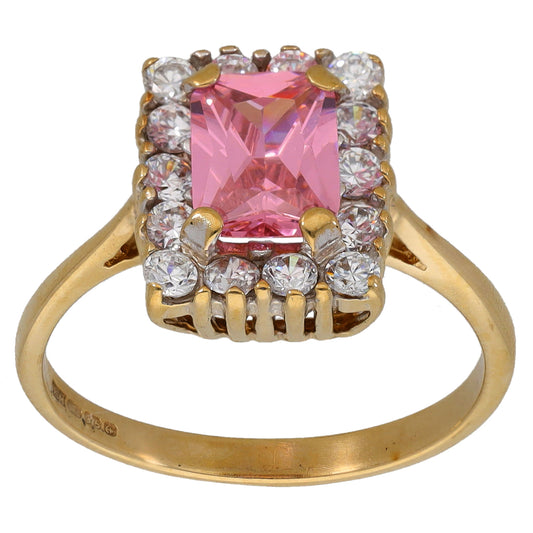 9ct gold CZ cocktail ring, size O, square pink center with clear stone surround