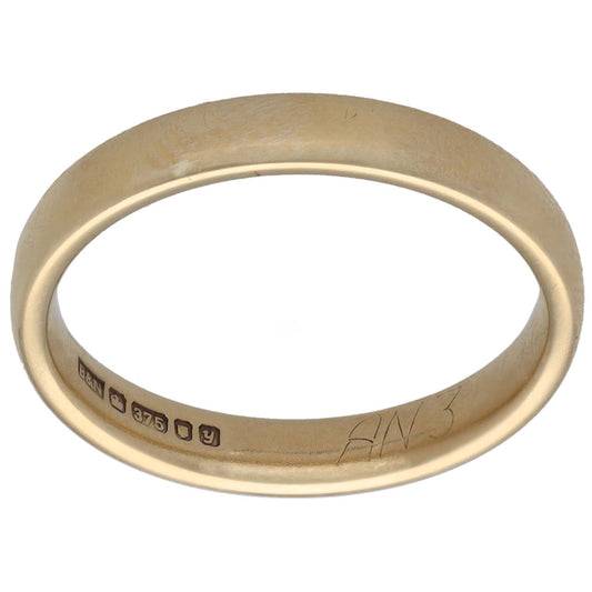 9ct gold plain wedding ring, smooth band with inside hallmark engraving