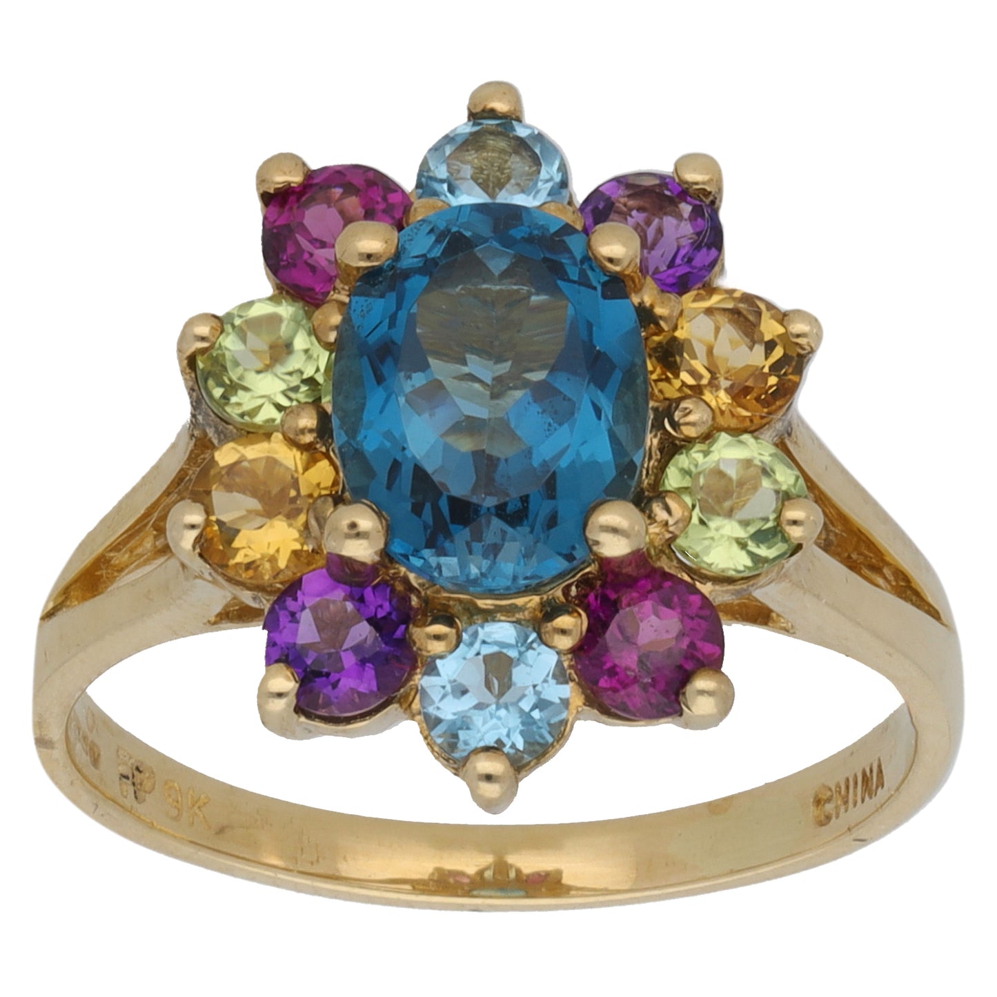 9ct Gold Amethyst, Quartz and Topaz Dress/Cocktail Ring Size M