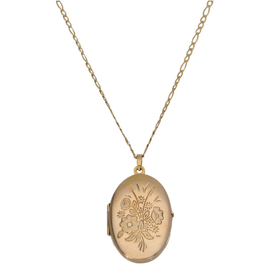 9ct gold oval locket pendant with floral front and fine chain