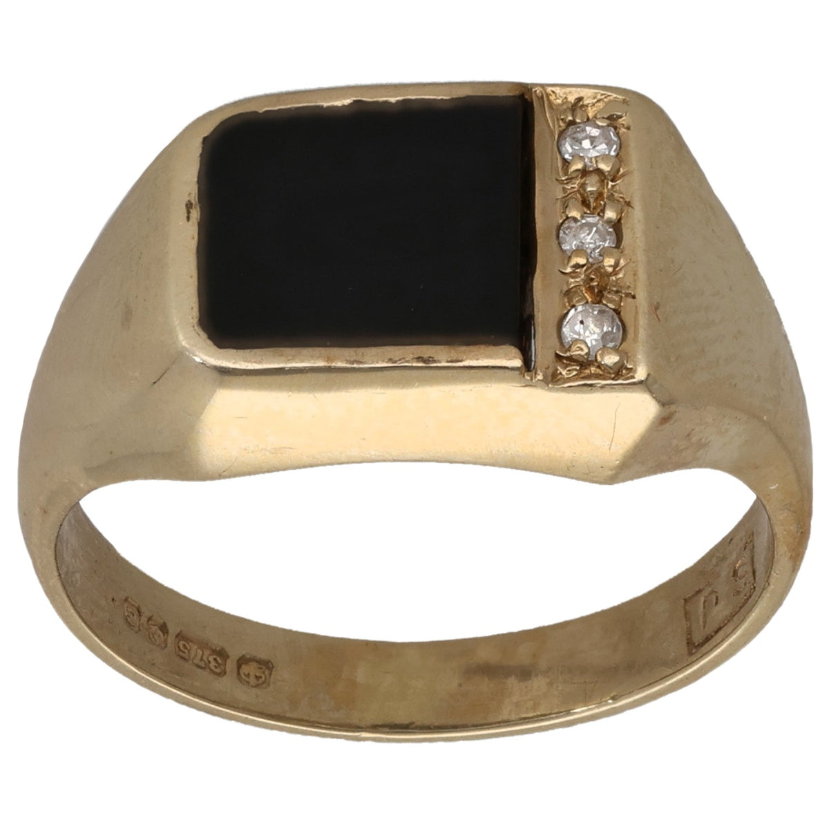 Gold signet ring with dark onyx panel and three small round diamonds set at top edge
