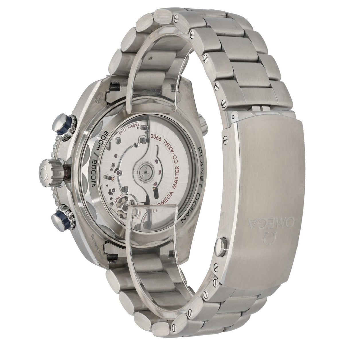 Omega Planet Ocean 215.30.46.51.03.001, open caseback, on a stainless steel bracelet