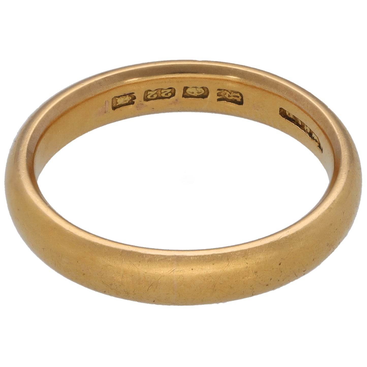 22ct gold wedding ring band with interior hallmark engravings, ring size O