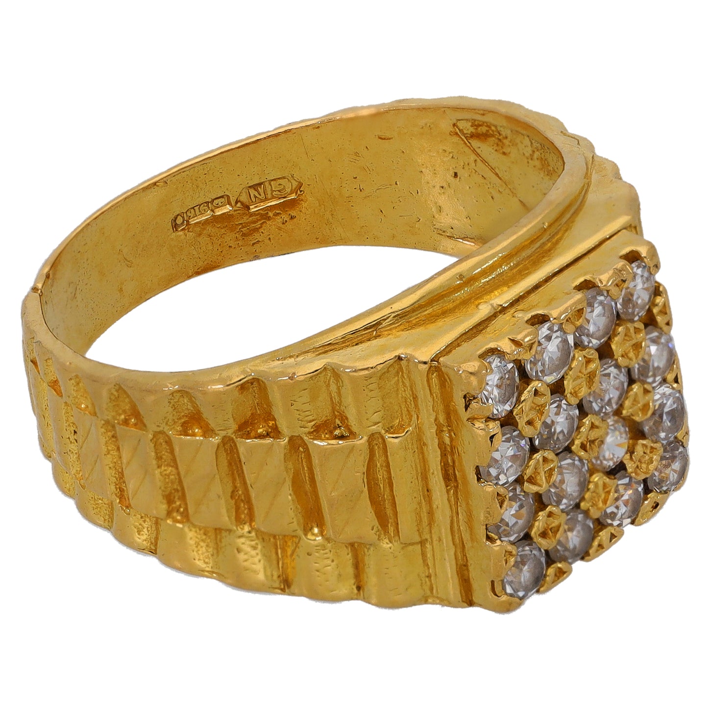 22ct Gold Cubic Zirconia Patterned Signet Ring Size R