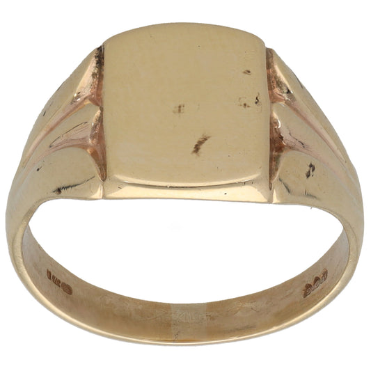 9ct gold signet ring with square patterned face and smooth shank