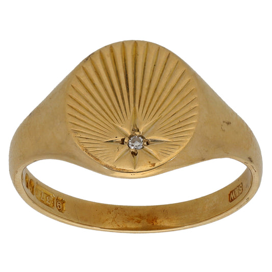9ct Gold 0.02ct Diamond Patterned Single Stone Signet Ring Size V