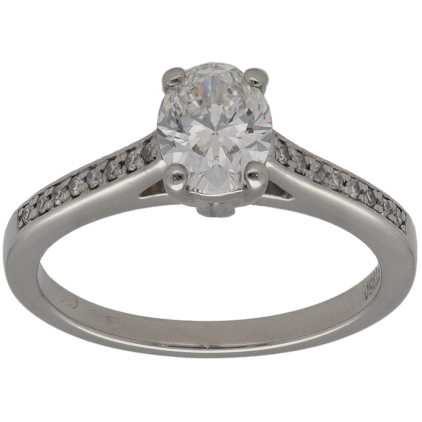 Platinum diamond solitaire ring with round center stone and pave accent on the band