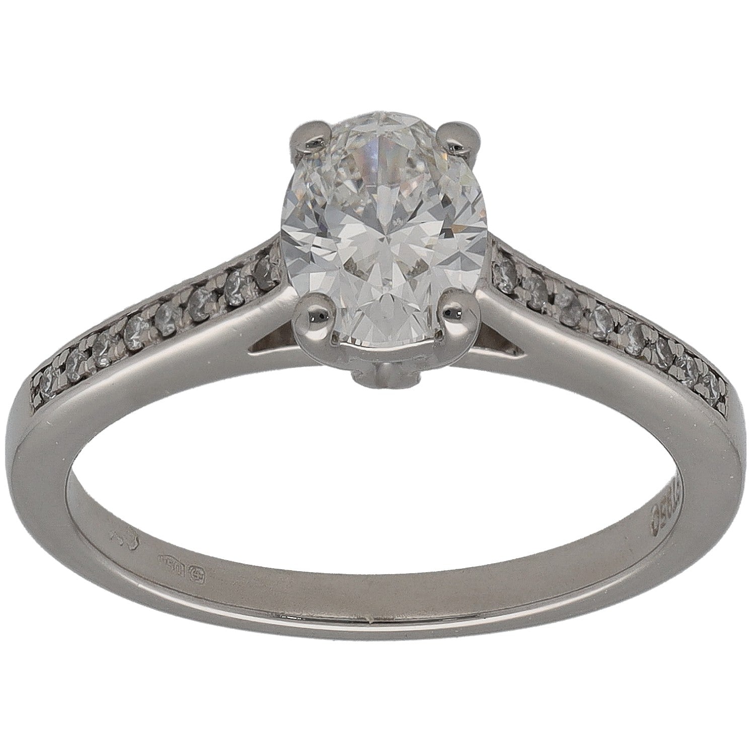 Platinum diamond solitaire ring with round center stone and pave accent on the band